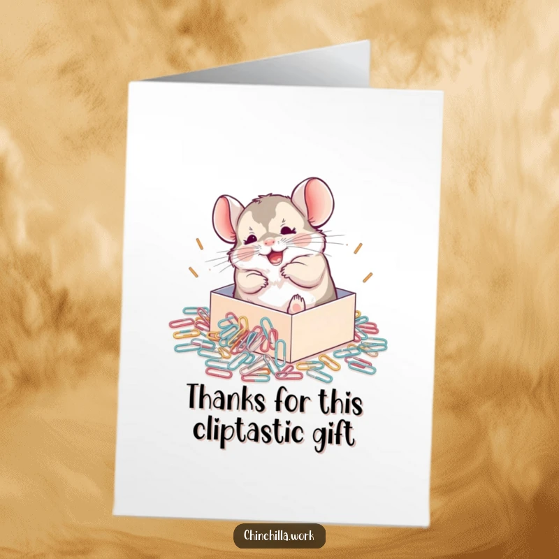 Funny Free Printable thank you card featuring a chinchilla rolling in paperclips, a cute and humorous way to say thanks.
