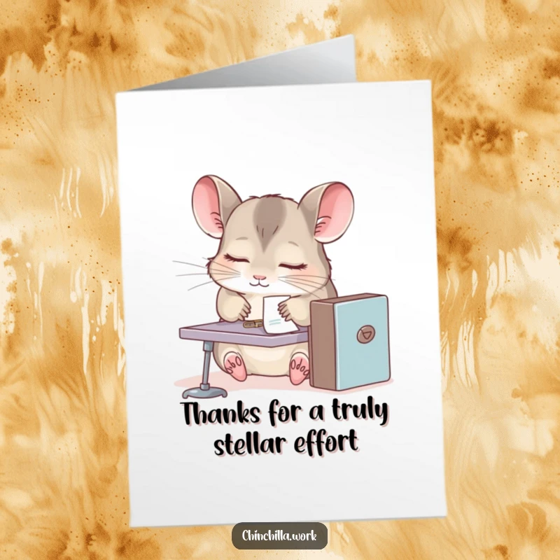 Funny Free Printable Chinchilla Thank You Card: A sleepy chinchilla offers thanks, paperclip still stuck, a humorous gesture.