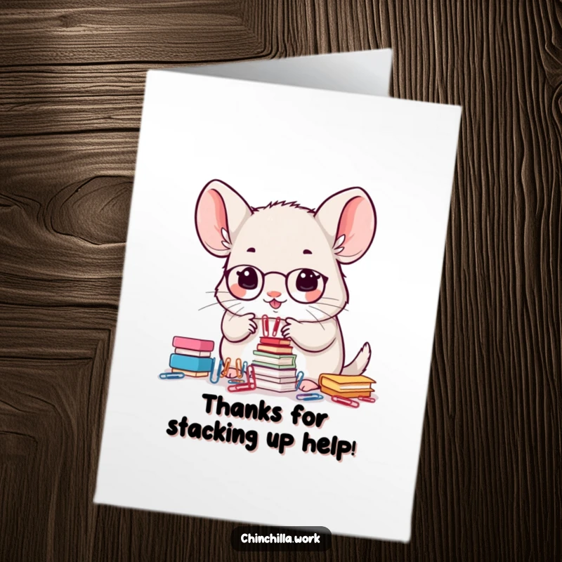 Funny Free Printable Thank You Card: A busy kawaii office chinchilla precisely stacks small paperclips, a perfect symbol of organized thanks.