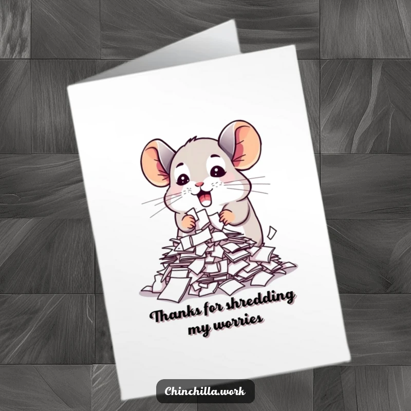 Funny free printable thank you card: a chinchilla enthusiastically shredding a stack of papers, perfect for a wild thank you.