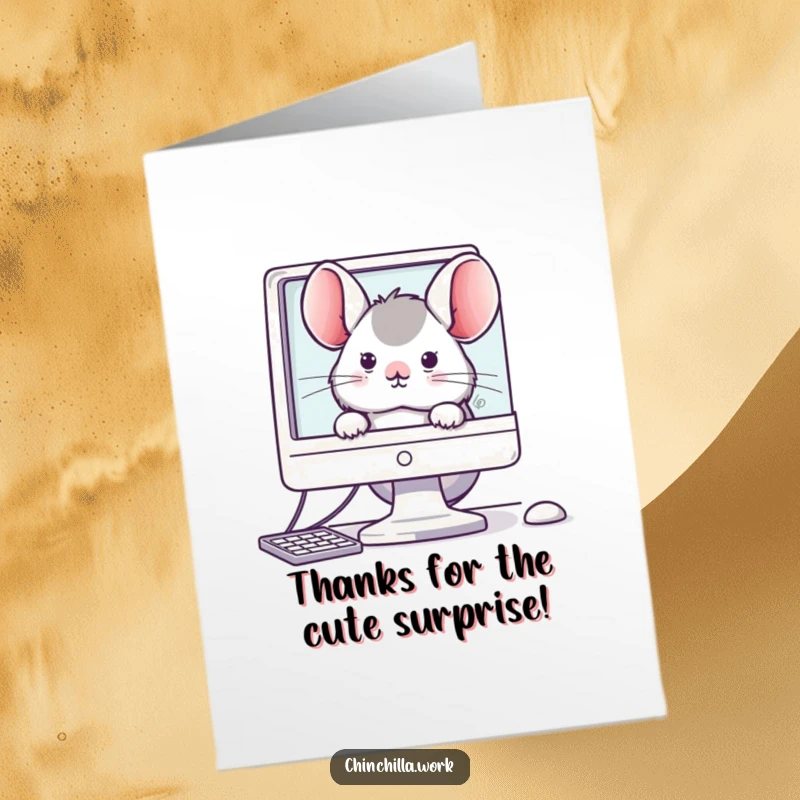 Funny Free Printable Thank You Card: A kawaii office chinchilla peeks from behind a computer monitor, offering thanks with a smile.