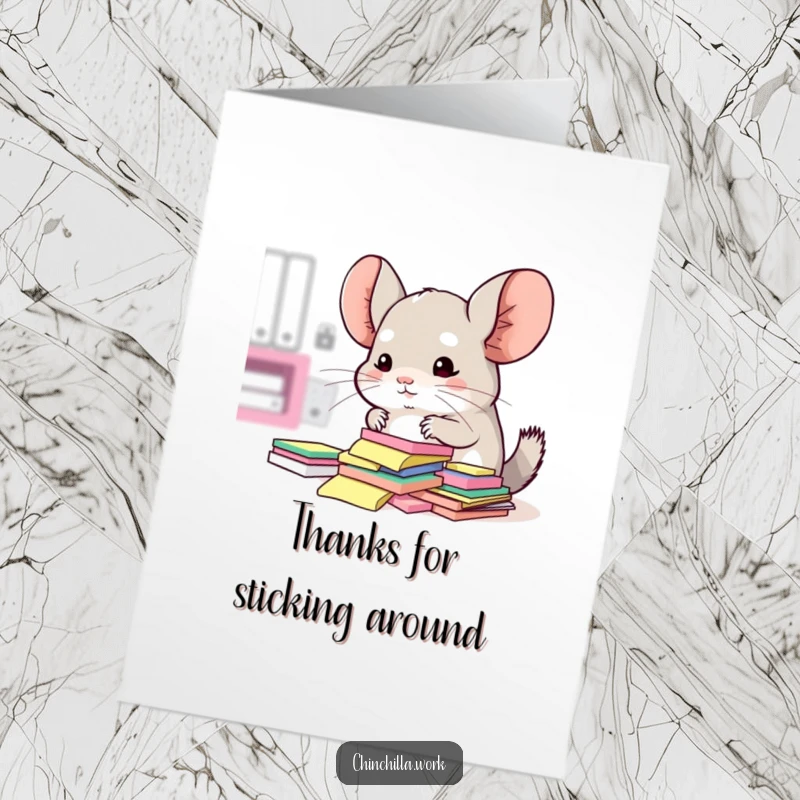 Funny Free Printable Thank You Card: Kawaii chinchilla trying to sort sticky notes, great for office appreciation.
