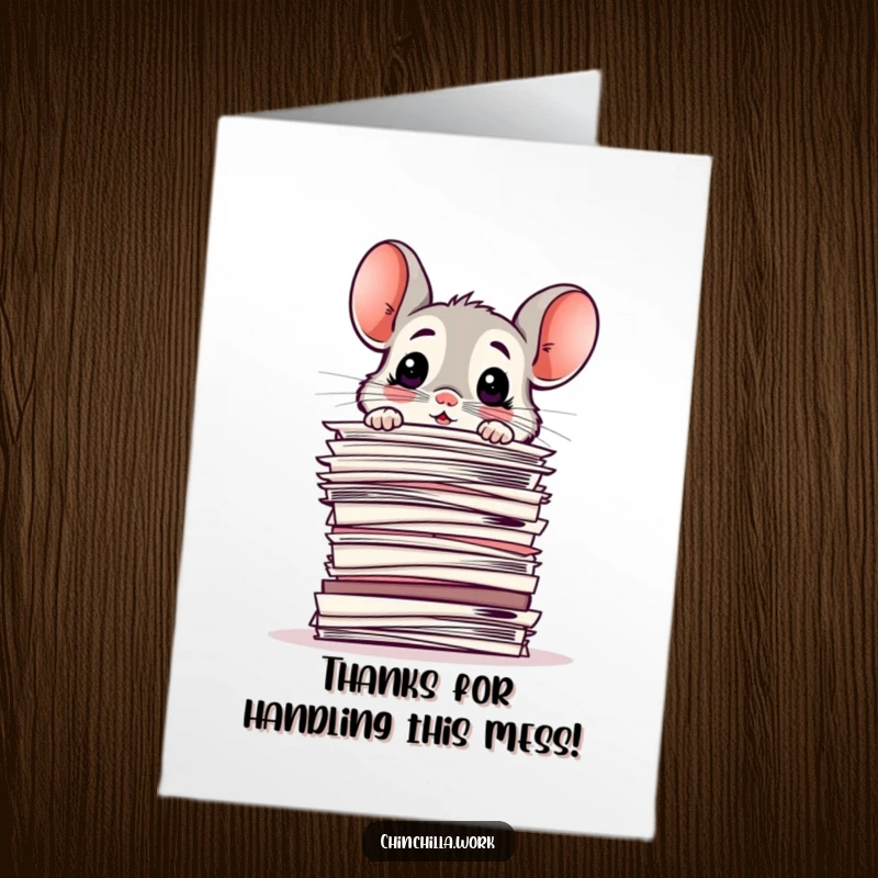 Funny Free Printable Thank You Card: Chinchilla peeks out, bewildered by an overwhelming stack of office papers.