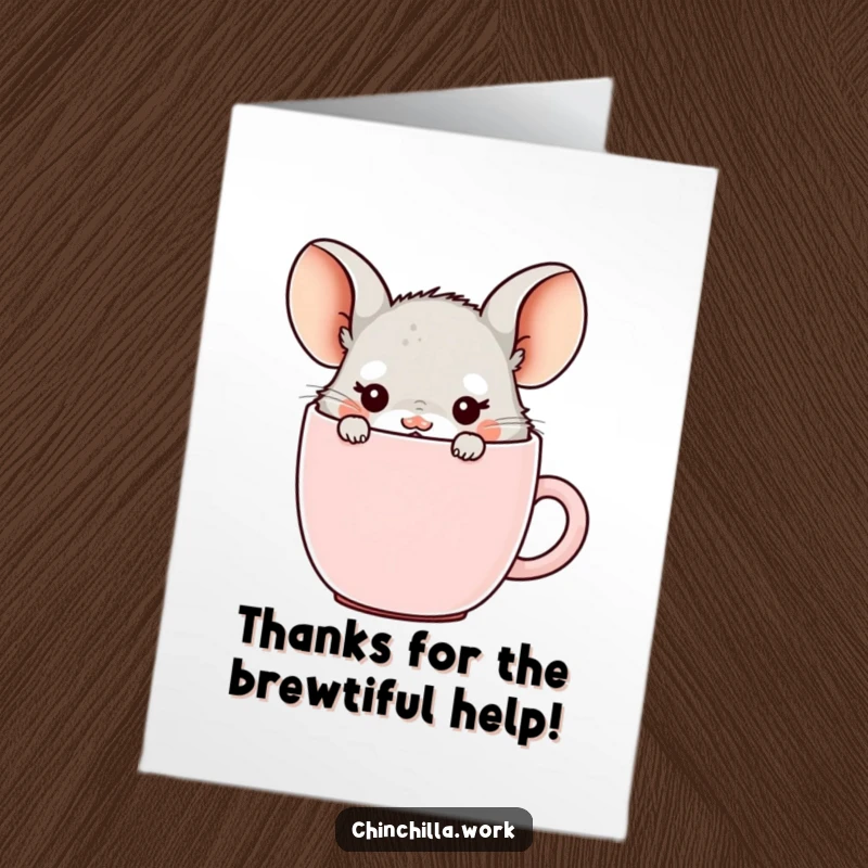 Funny Free Printable Thank You Card: Kawaii office chinchilla peeking from a coffee mug, expressing gratitude.