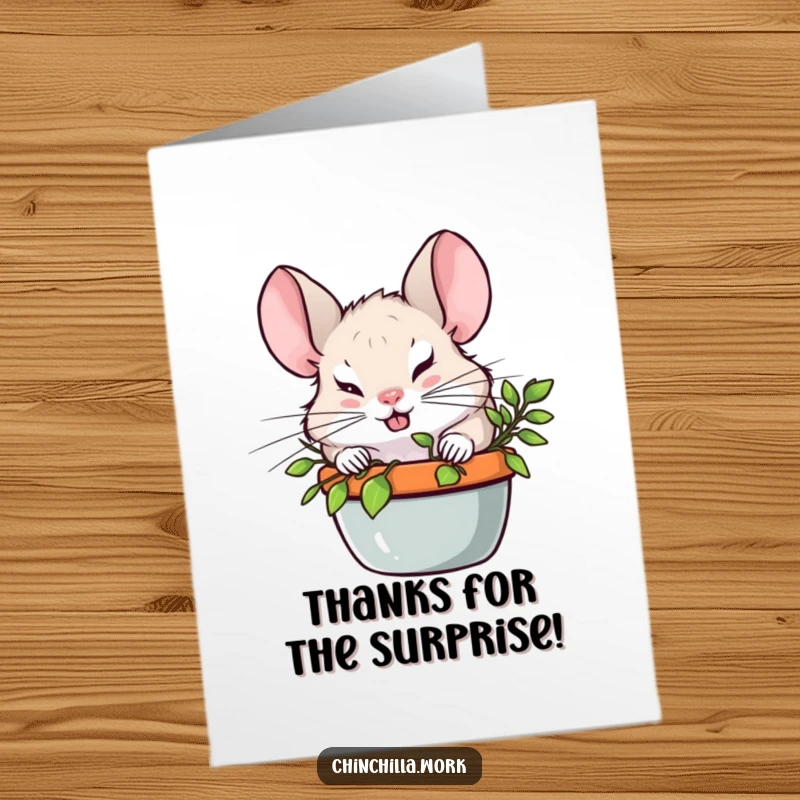 Funny Free Printable Thank You Card showing a chinchilla with a mischievous grin, hiding behind a houseplant, ready to deliver a surprise thank you.