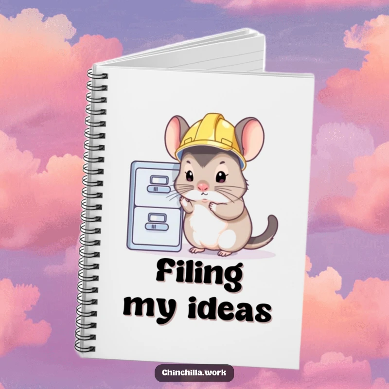 Funny chinchilla notebook cover featuring a rodent in a hard hat inspecting a file cabinet, inspiring thoroughness and humor.