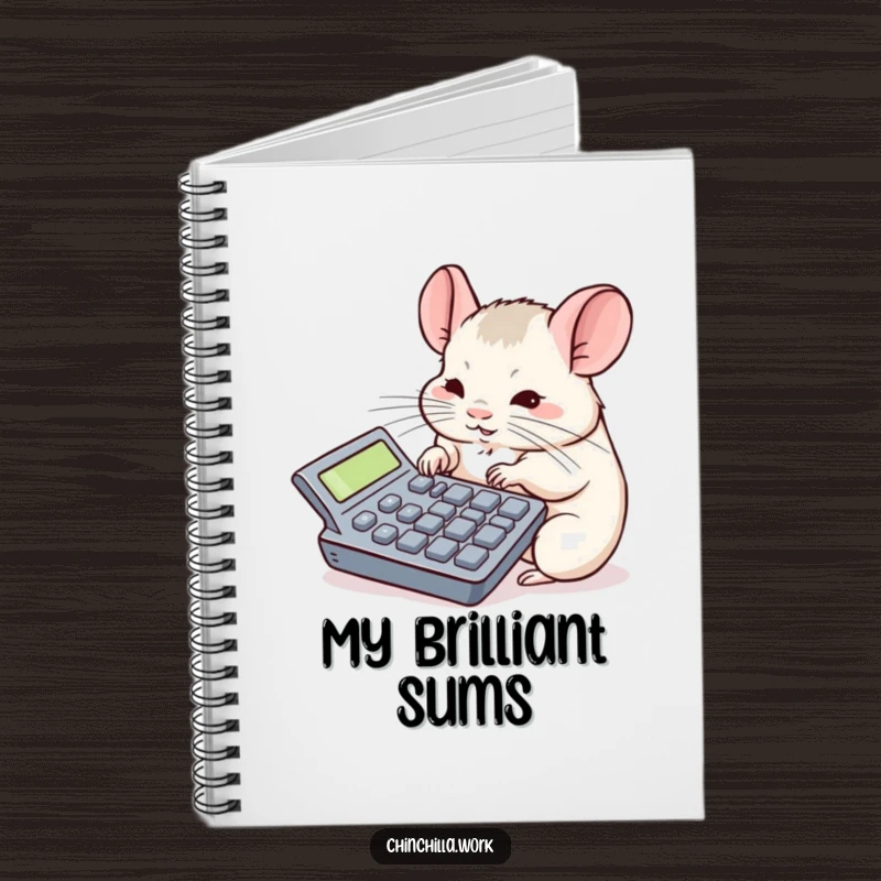 Funny chinchilla notebook with a rodent intensely focused on a giant calculator, ideal for notes and office humor.