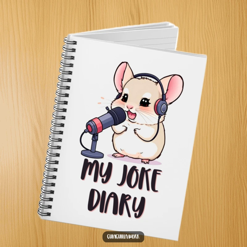 Funny notebook featuring a chinchilla with a headset, chuckling into a microphone, perfect for gamers to jot down ideas.