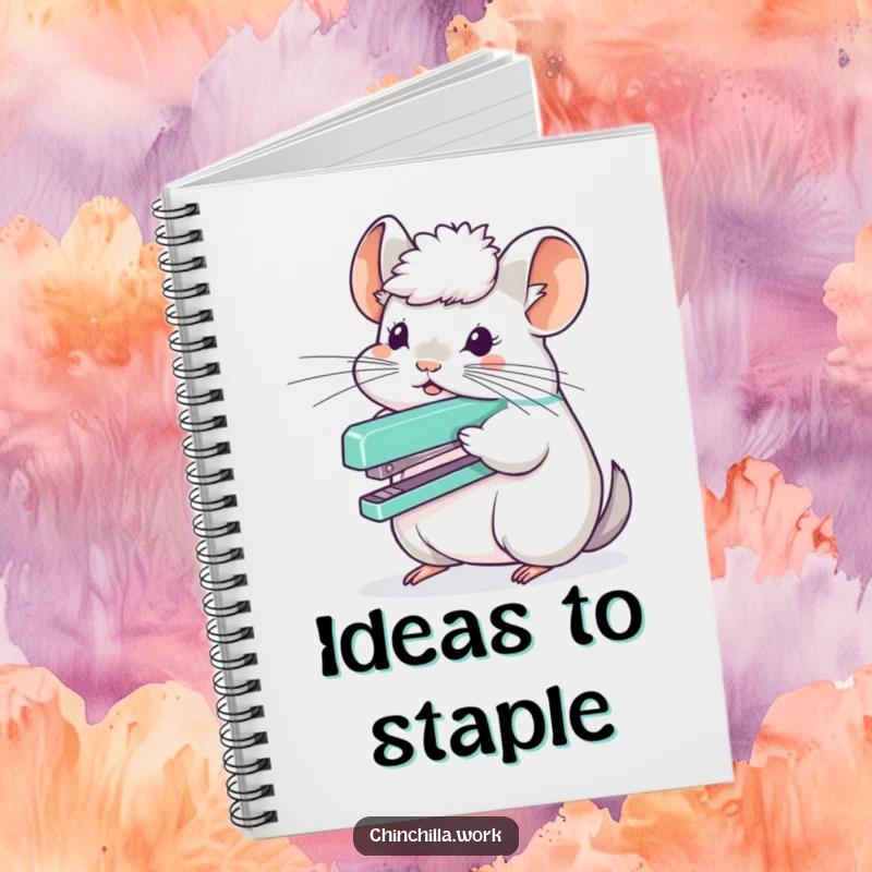 Funny chinchilla character balancing a stapler on its fluffy head, designed on a notebook for humorous note-taking.