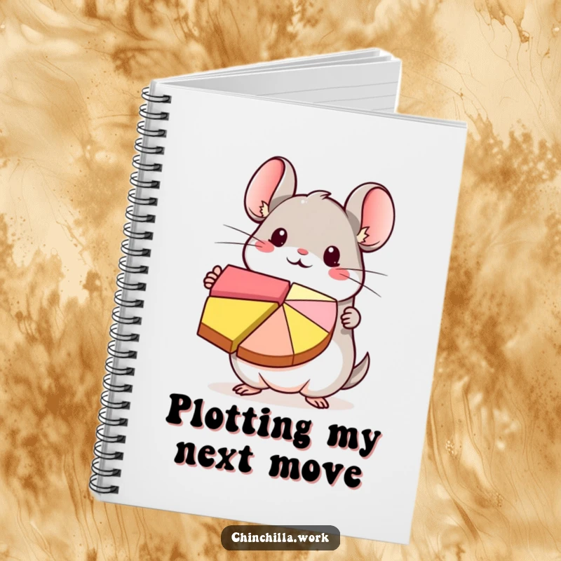 Funny kawaii chinchilla character holding a colorful pie chart, designed on a notebook for cute and organized note-taking.