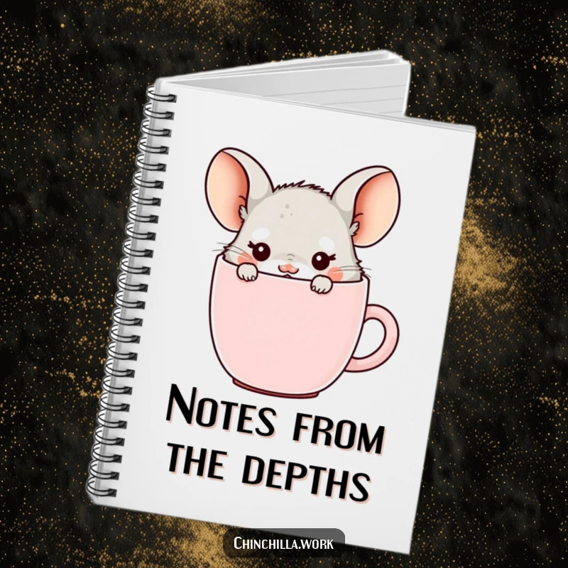 Funny office chinchilla notebook, hiding in a coffee mug with ears showing, perfect for jotting down ideas with coffee charm.