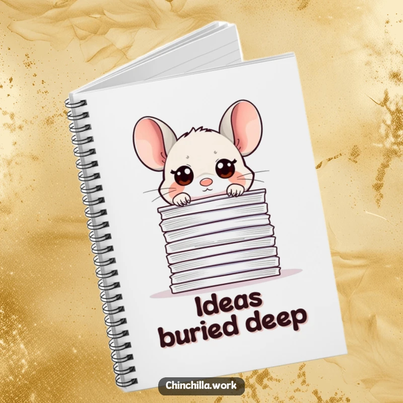 Funny office chinchilla notebook, peeking over papers, perfect for jotting down ideas with cute and humorous charm.