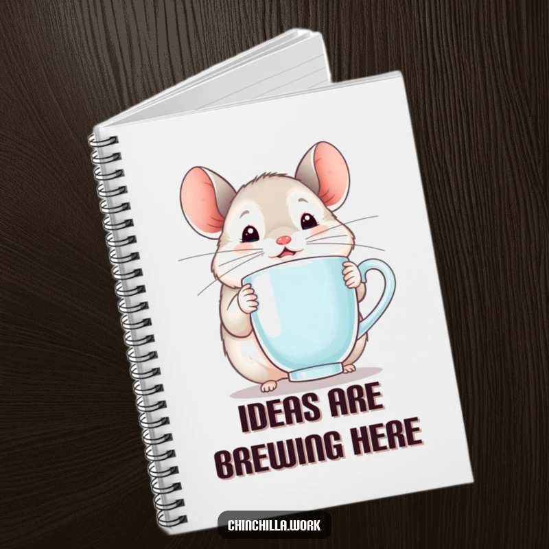 Funny chinchilla notebook cover featuring a happy rodent holding a steaming mug, inspiring delightful note-taking.