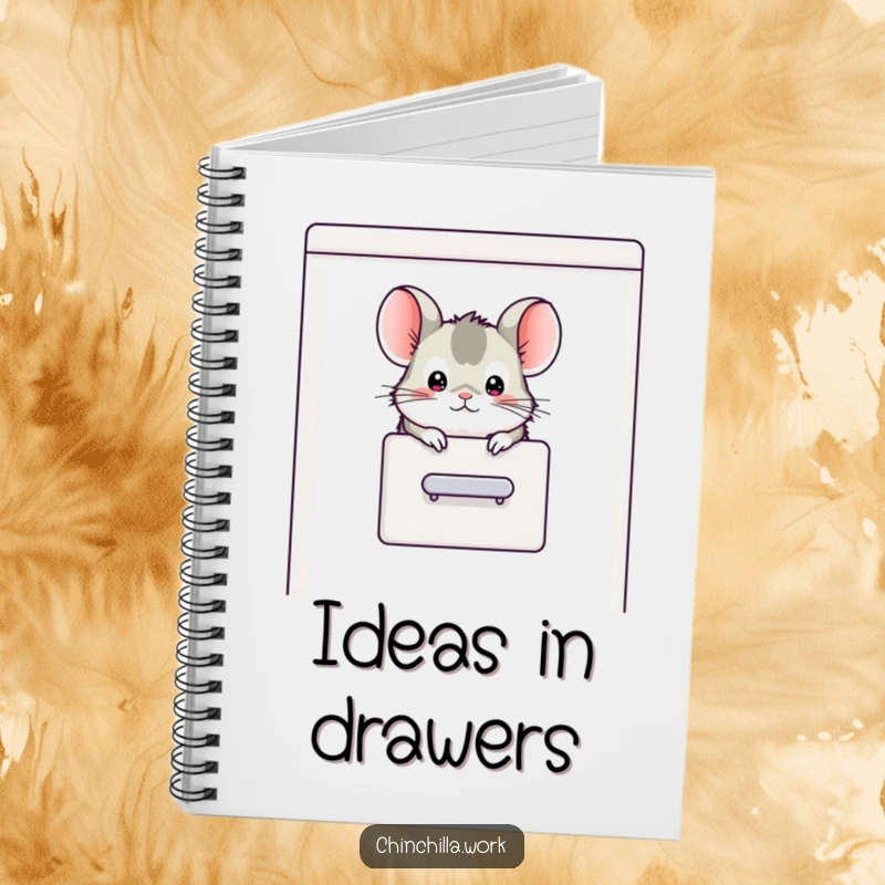 Funny chinchilla character peeking its head out of a filing cabinet, designed on a notebook for humorous note-taking.