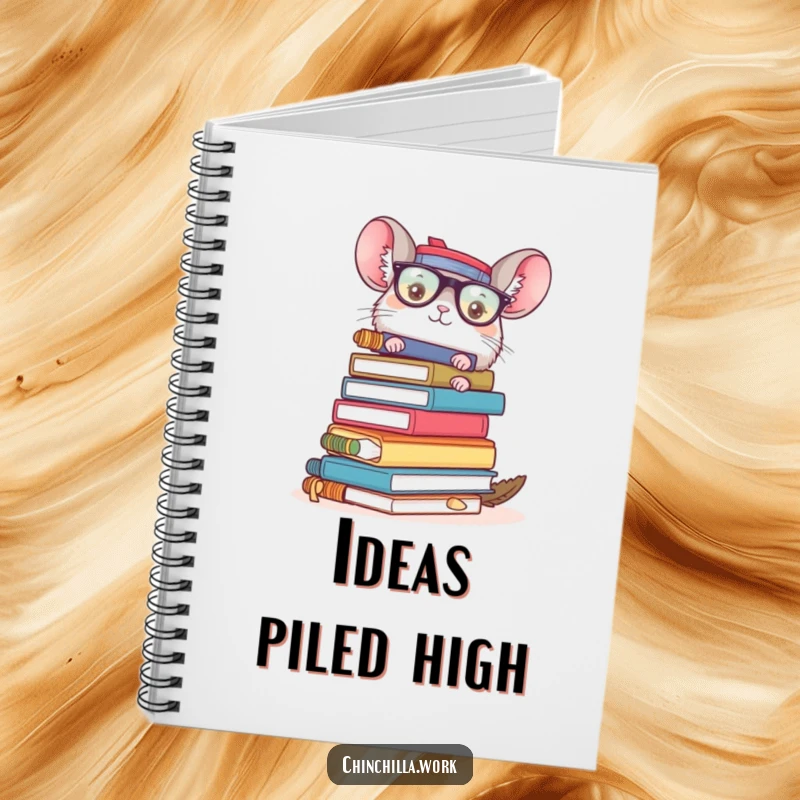 Funny chinchilla office chaos notebook featuring a character with a precarious stack of supplies, ideal for notes and plans.