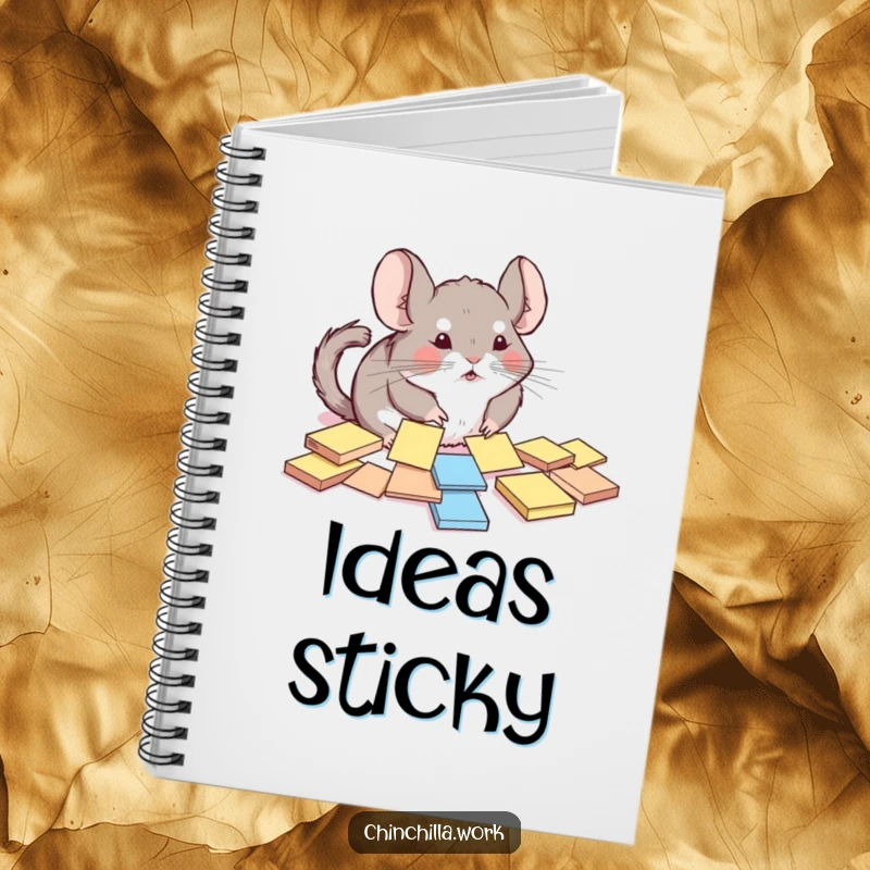 Funny chinchilla notebook cover featuring a rodent comically trying to organize scattered sticky notes, inspiring humorous note-taking.