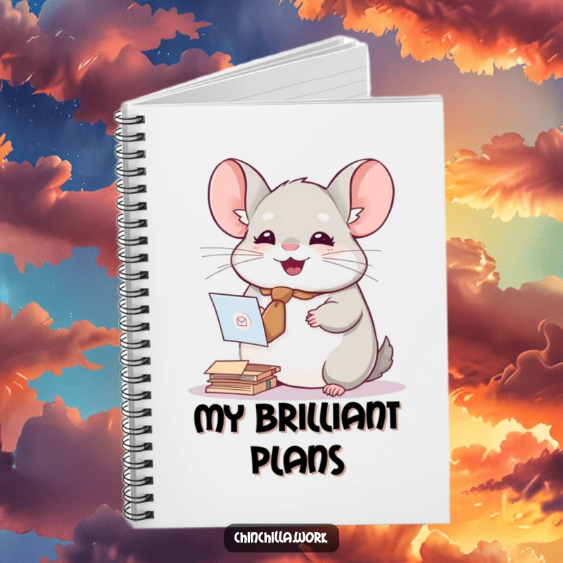 Funny notebook featuring a chinchilla with a tiny tie, joyfully sorting mail, perfect for jotting down notes.