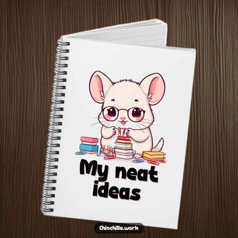 Funny notebook cover with a kawaii office chinchilla precisely stacking small paperclips, perfect for planning.