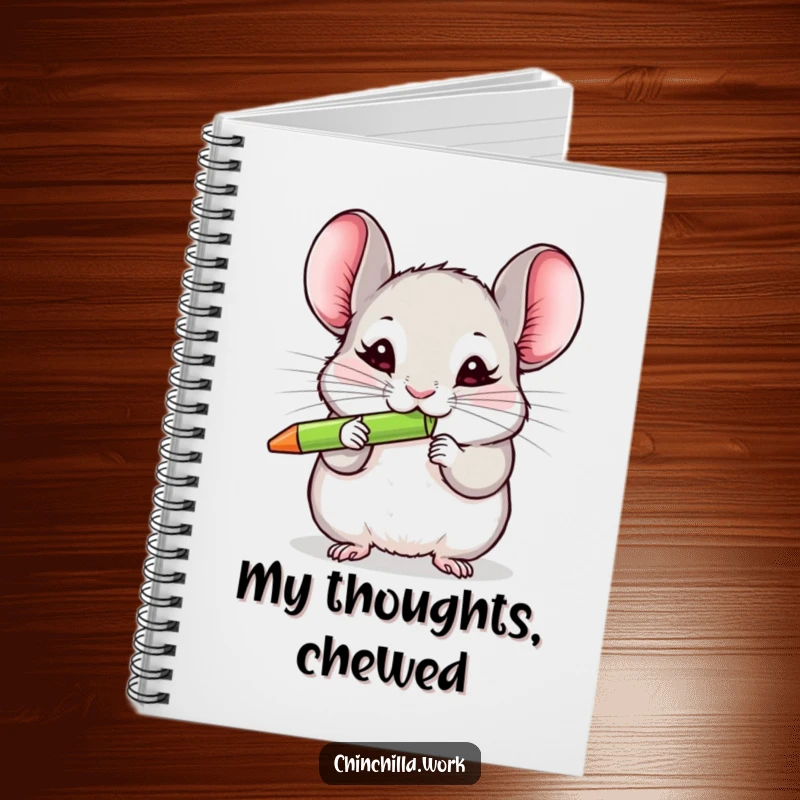 Funny chinchilla notebook cover featuring a rodent enthusiastically chewing a pen, inspiring creative and humorous writing.