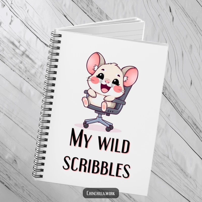 Funny kawaii chinchilla notebook with a happy rodent sliding down an office chair, ideal for notes and cute humor.