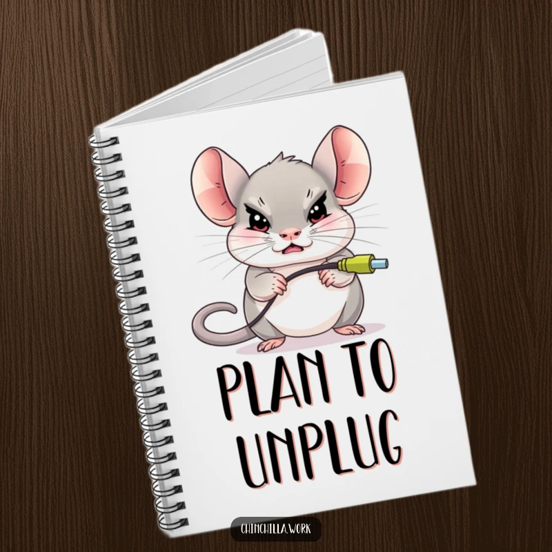 Funny chinchilla character determinedly unplugging a giant computer mouse, designed on a notebook for tech-themed note-taking.