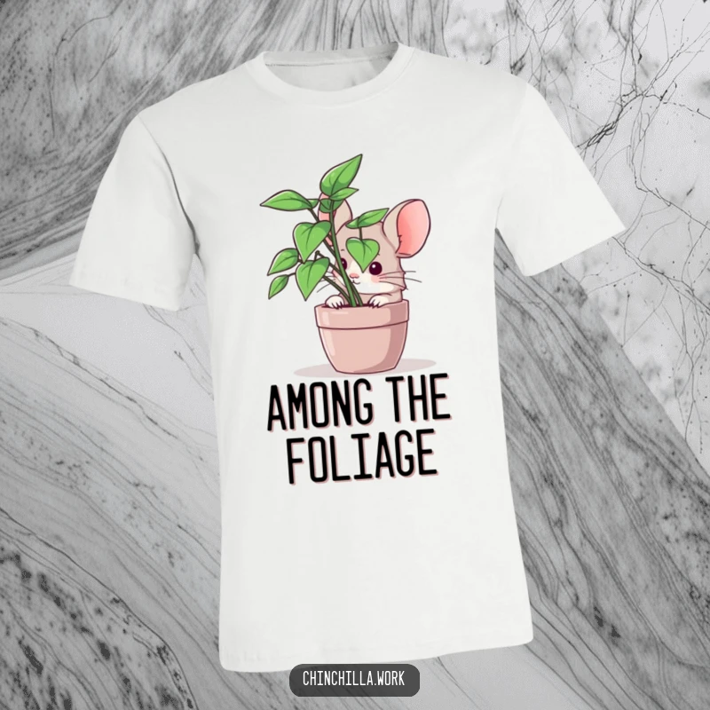 Funny chinchilla t-shirt depicting a shy rodent peeking from an office plant, perfect for casual, humorous wear.