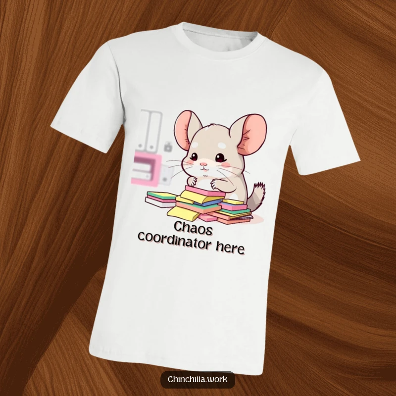 Funny t-shirt showing a kawaii office chinchilla surrounded by sticky notes, trying to organize them.