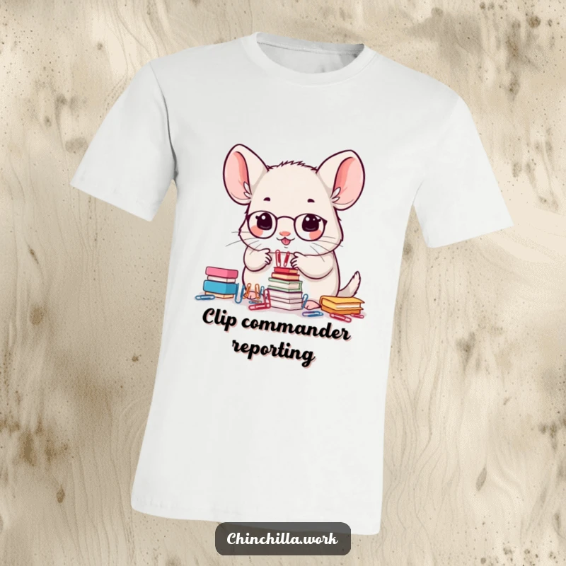 Funny t-shirt depicting a kawaii office chinchilla carefully and precisely stacking a neat pile of small paperclips.