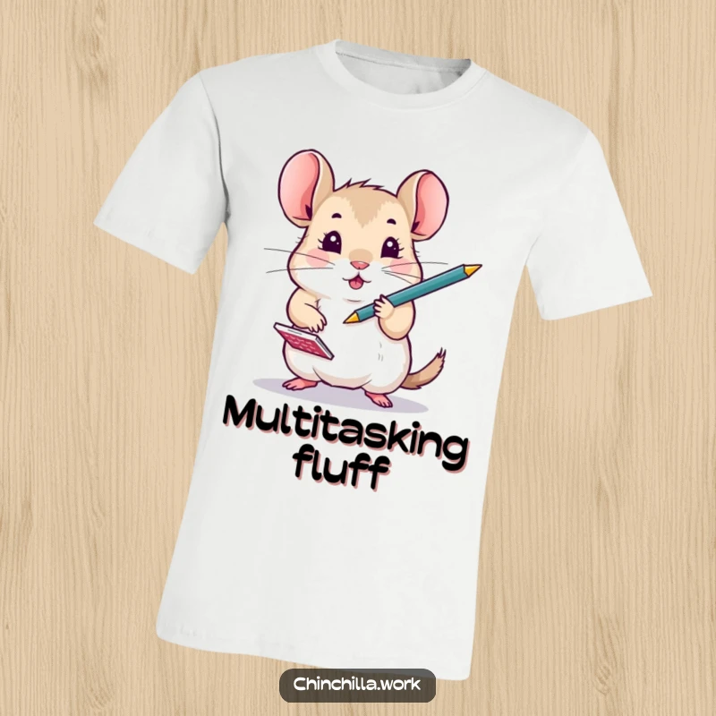 Funny, energetic Chinchilla spinning a pen and notepad on a t-shirt, representing intense focus and multitasking skills.