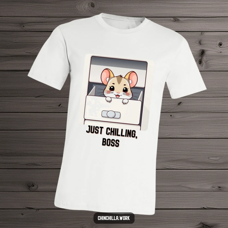 Funny Chinchilla T-Shirt: A mischievous chinchilla peeks from a filing cabinet drawer, grinning widely, ready for office shenanigans.