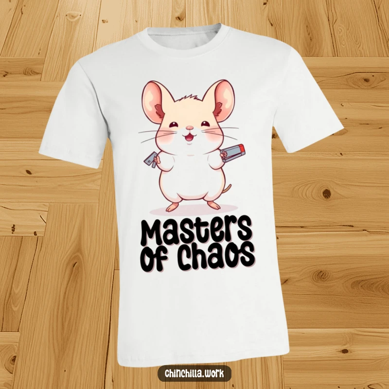 Funny t-shirt depicting a chinchilla expertly juggling staplers with remarkable balance, representing skill and amusement.