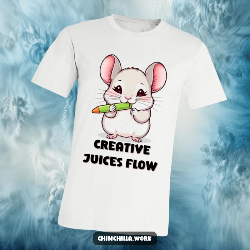 Funny chinchilla t-shirt depicting a furry friend gleefully gnawing on a colorful pen, a hilarious wearable art piece.
