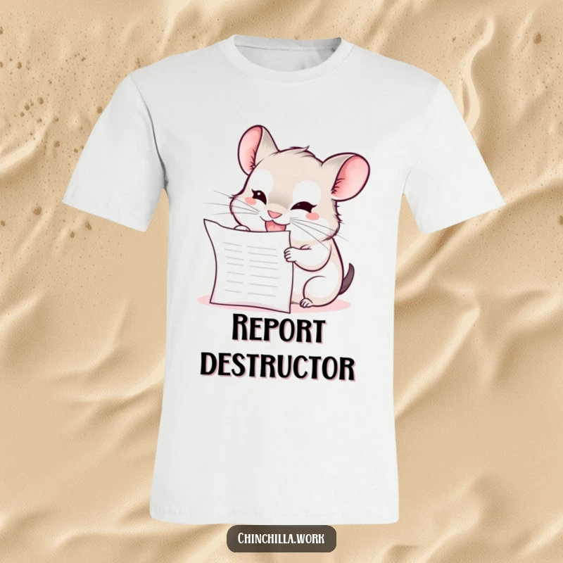 Funny Chinchilla T-Shirt: A kawaii office chinchilla grins mischievously while enthusiastically chewing on a blank report document.