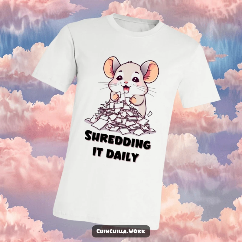 Funny chinchilla t-shirt depicting enthusiastic paper shredding, capturing office chaos and cute destruction for humorous appeal.