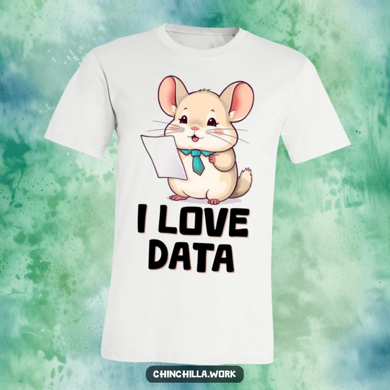 Funny chinchilla t-shirt depicting a dapper rodent in a tiny tie, enthusiastically holding a report, ideal for office dwellers.