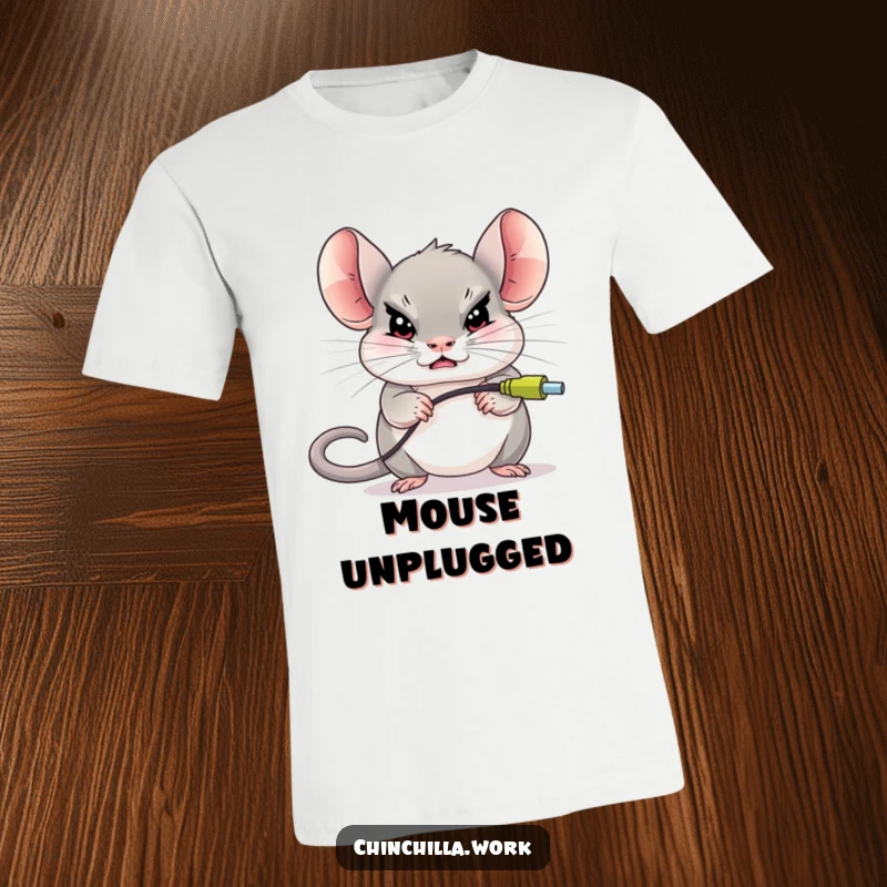 Funny chinchilla character determinedly unplugging a giant computer mouse, depicted on a t-shirt for tech humor lovers.