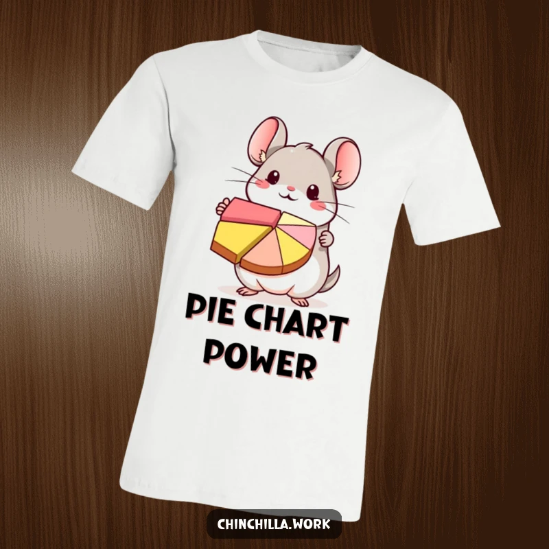 Funny kawaii chinchilla character enthusiastically holding up a colorful pie chart, designed on a soft tee for data lovers.