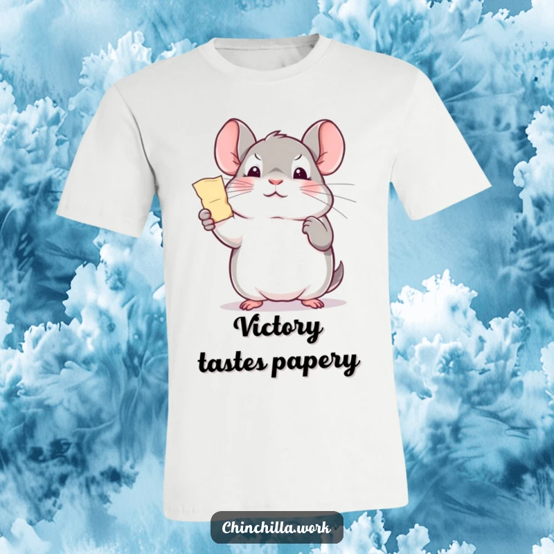 Funny kawaii office chinchilla t-shirt, triumphantly holding a tiny paper shred, perfect for celebrating office wins.