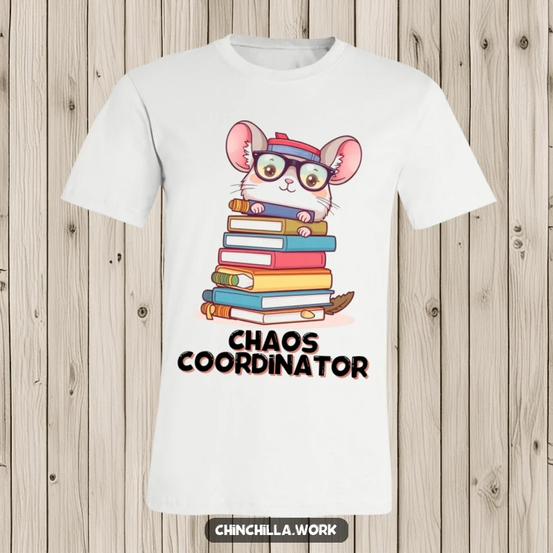 Funny chinchilla t-shirt showcasing a character with a precariously stacked tower of office supplies, symbolizing a chaotic but productive workday.