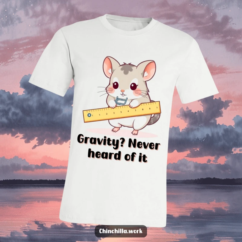 Funny t-shirt showcasing a kawaii office worker chinchilla playing on a ruler seesaw with a paperclip, promoting desk joy.