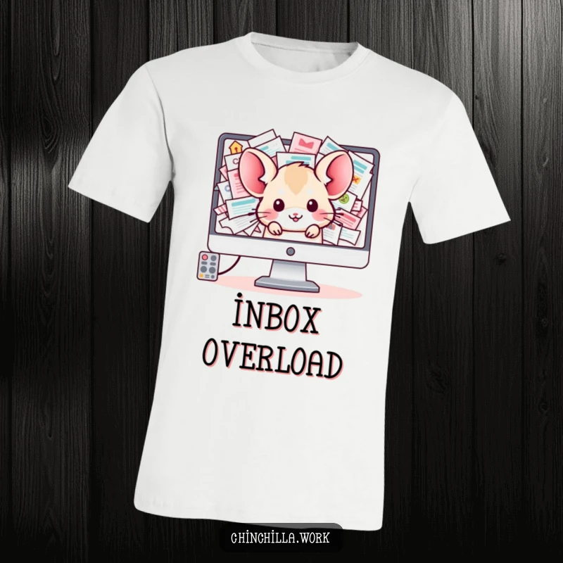 Funny Chinchilla T-Shirt: A kawaii office chinchilla peeks out from a computer screen filled with an overflowing email inbox.