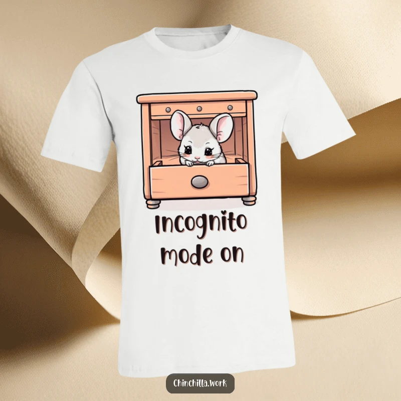 Funny Chinchilla T-Shirt depicting a chinchilla playfully hiding inside an open desk drawer, a cute and humorous design.