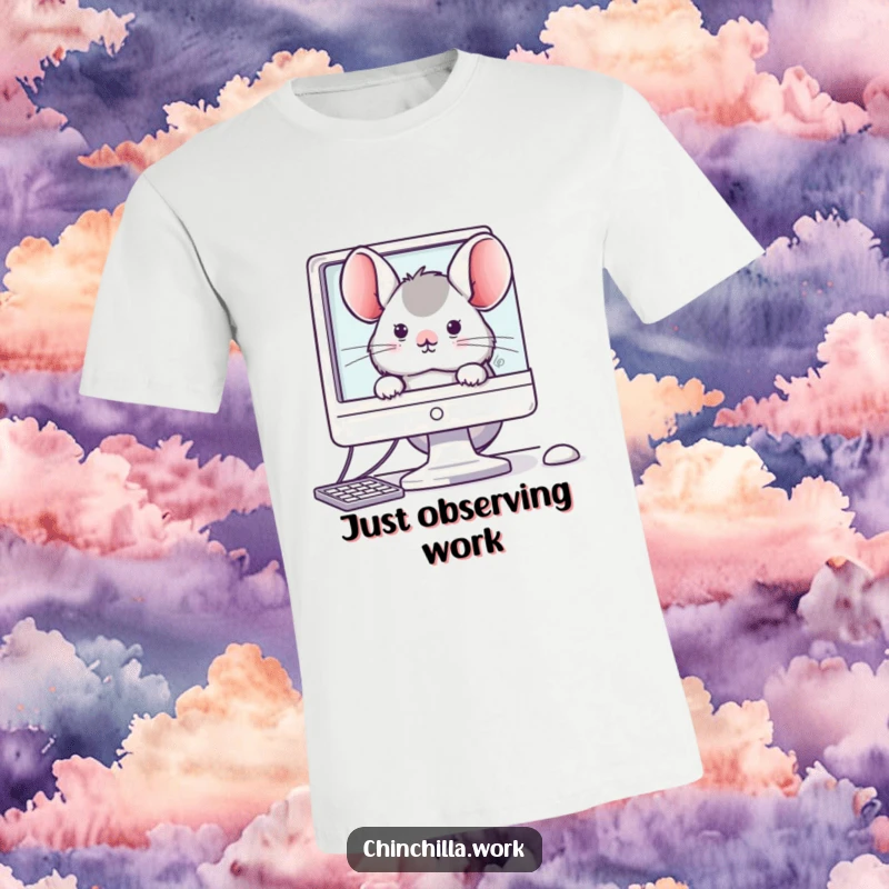 Funny t-shirt featuring a kawaii office chinchilla peeking with big eyes from behind a computer screen, bringing cute humor.