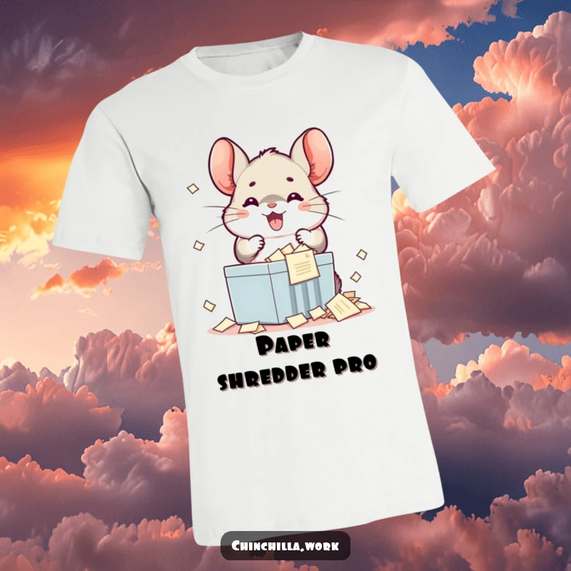 Funny kawaii chinchilla t-shirt showcasing a smiling character gleefully shredding office papers, perfect for humor lovers.