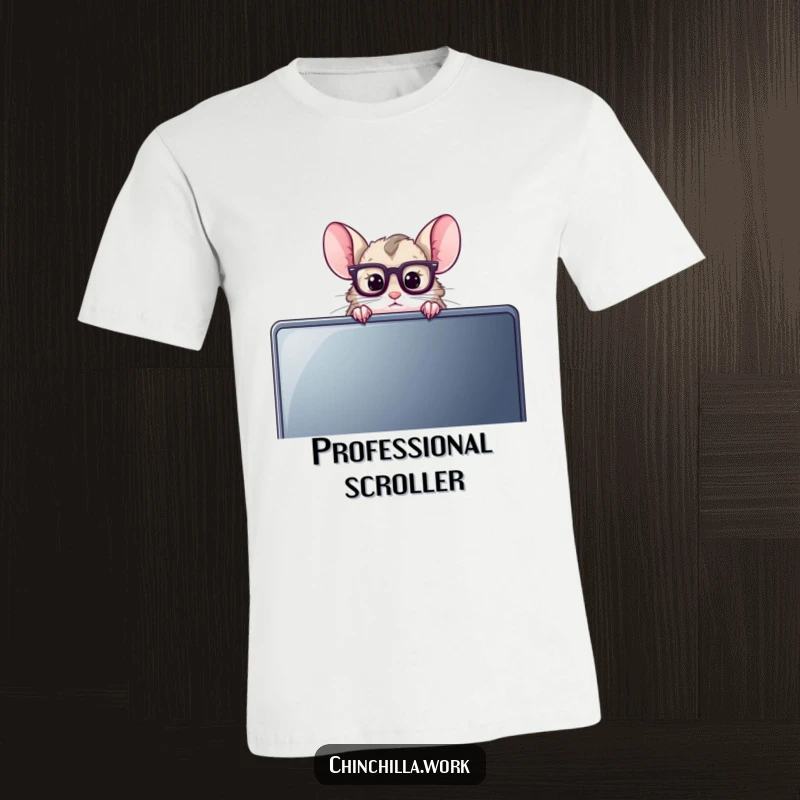 Funny Chinchilla T-Shirt displaying a cute chinchilla wearing reading glasses, peeking over a large computer monitor for a nerdy vibe.
