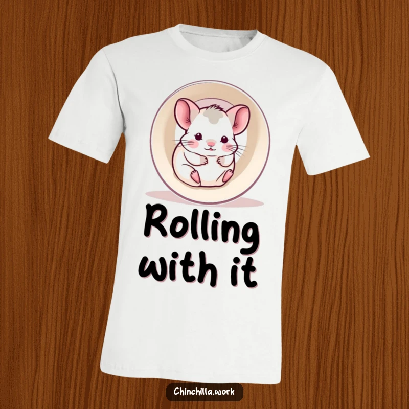 Funny t-shirt with a kawaii office chinchilla happily rolling inside an empty printer paper roll.