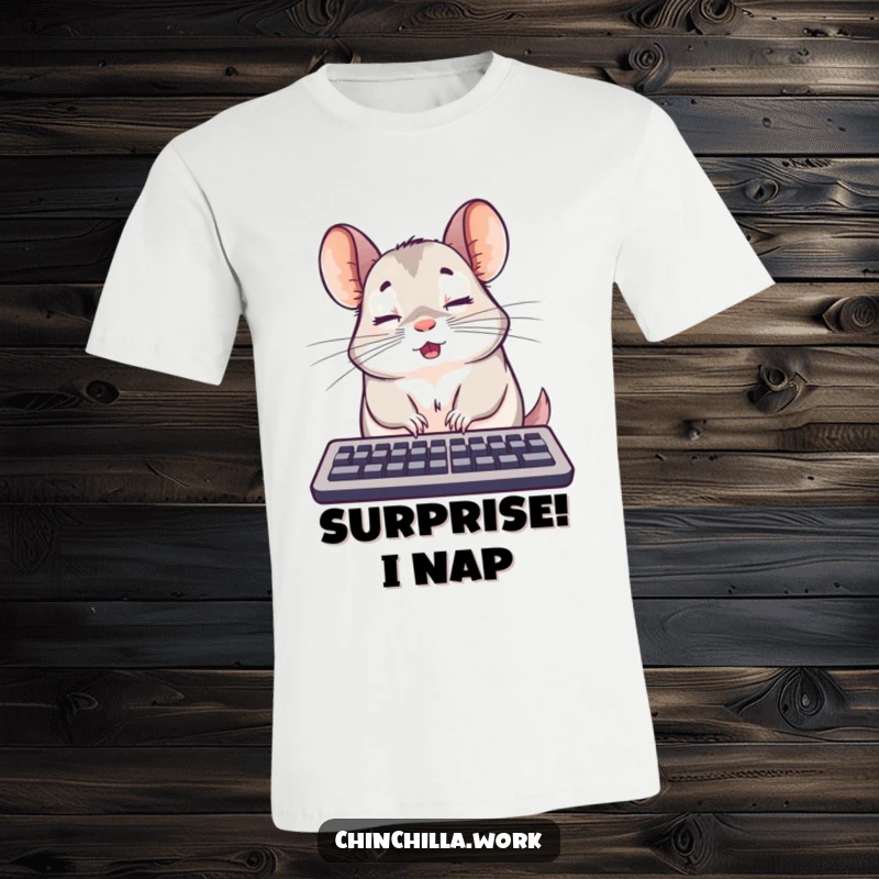 Funny surprised chinchilla keyboard t-shirt caught mid-nap, ideal for gamers and as a funny gift.