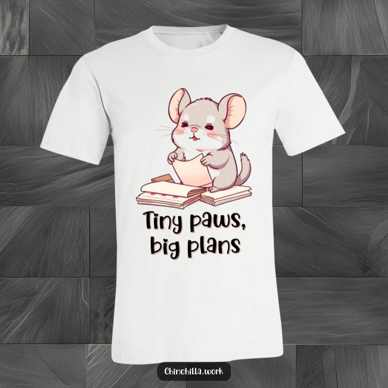 Funny Kawaii Chinchilla T-Shirt: Cute chinchilla diligently organizing papers, showcasing neatness and joy, ideal funny gift.