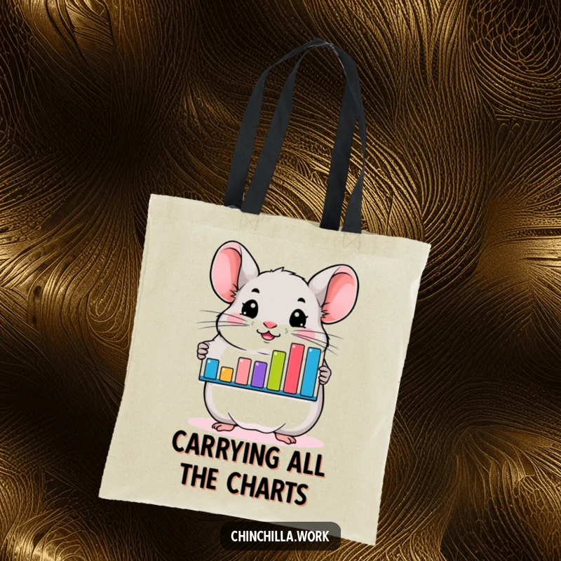 Funny chinchilla tote bag featuring a smiling rodent with a bar graph, ideal for shoppers and business-minded individuals.