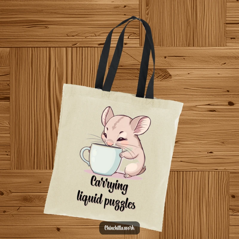 Funny Tote Bag: Curious chinchilla sniffing a coffee mug with intense focus and twitching ears, a humorous accessory for coffee lovers.